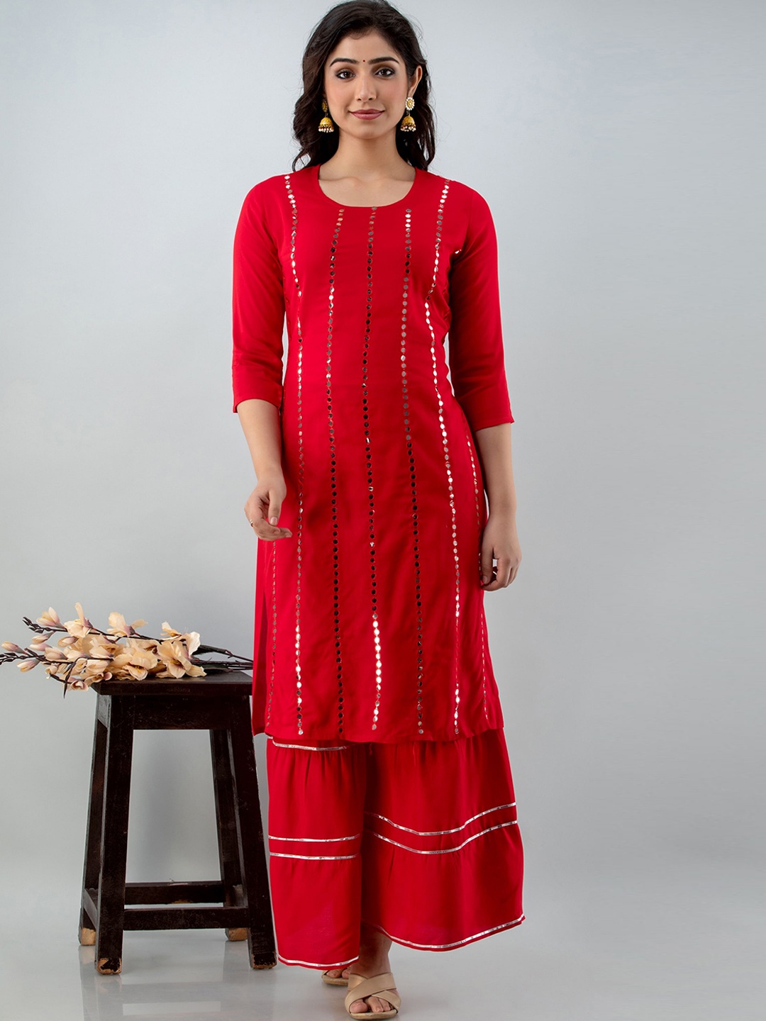 

Lovista Striped Embroidered Mirror Work Kurta with Sharara, Red