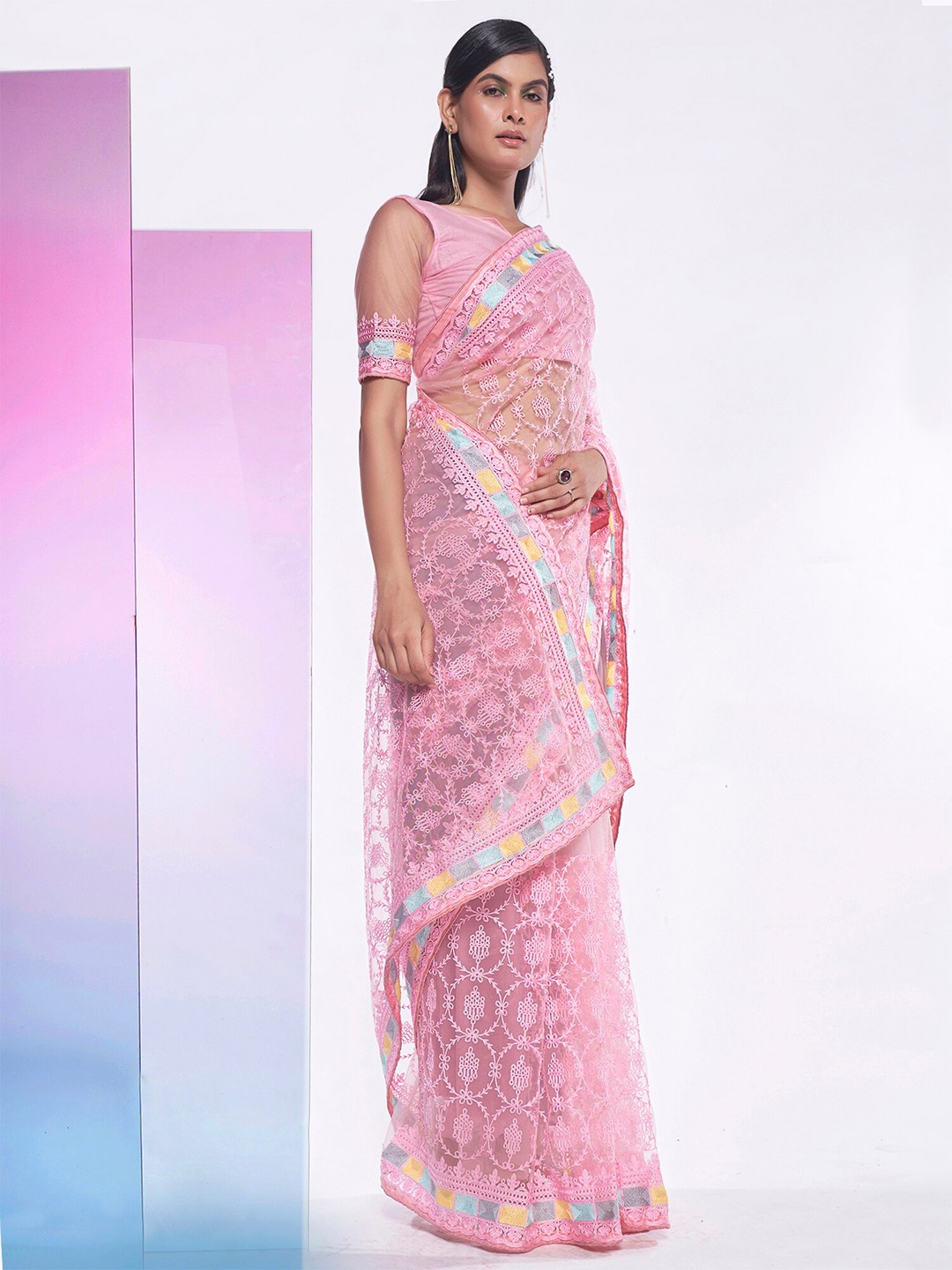 

Kalista Floral Embroidered Net Saree, Pink
