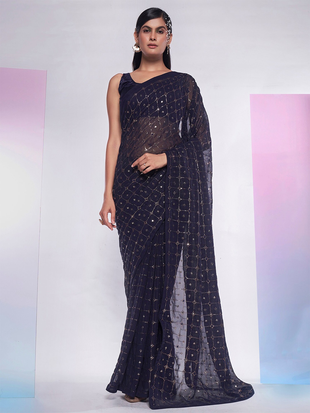 

Kalista Embellished Sequinned Pure Georgette Saree, Navy blue