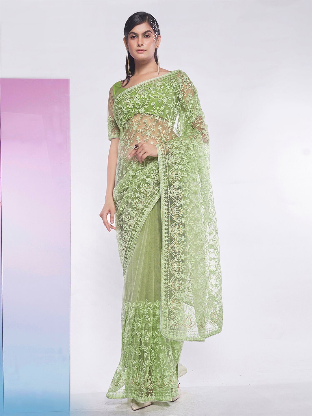 

Kalista Floral Embroidered Net Saree, Green