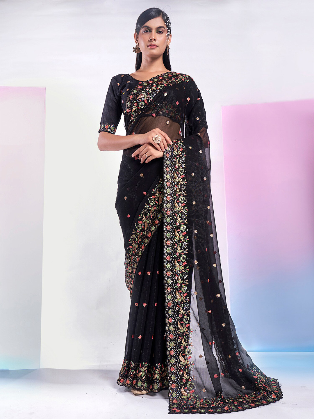 

Kalista Ethnic Motifs Embroidered Pure Georgette Saree, Black