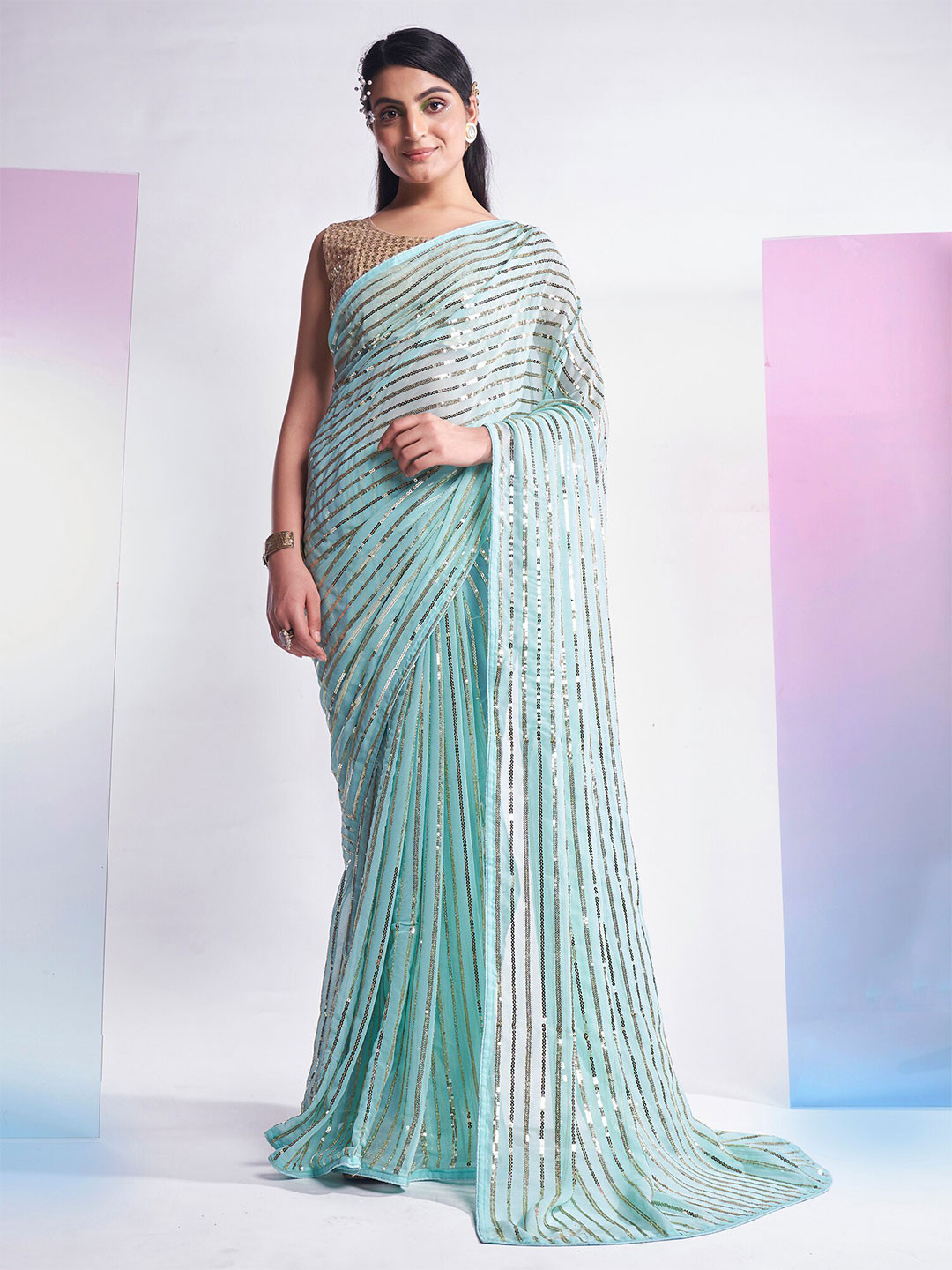 

Kalista Embellished Sequinned Pure Georgette Saree, Turquoise blue