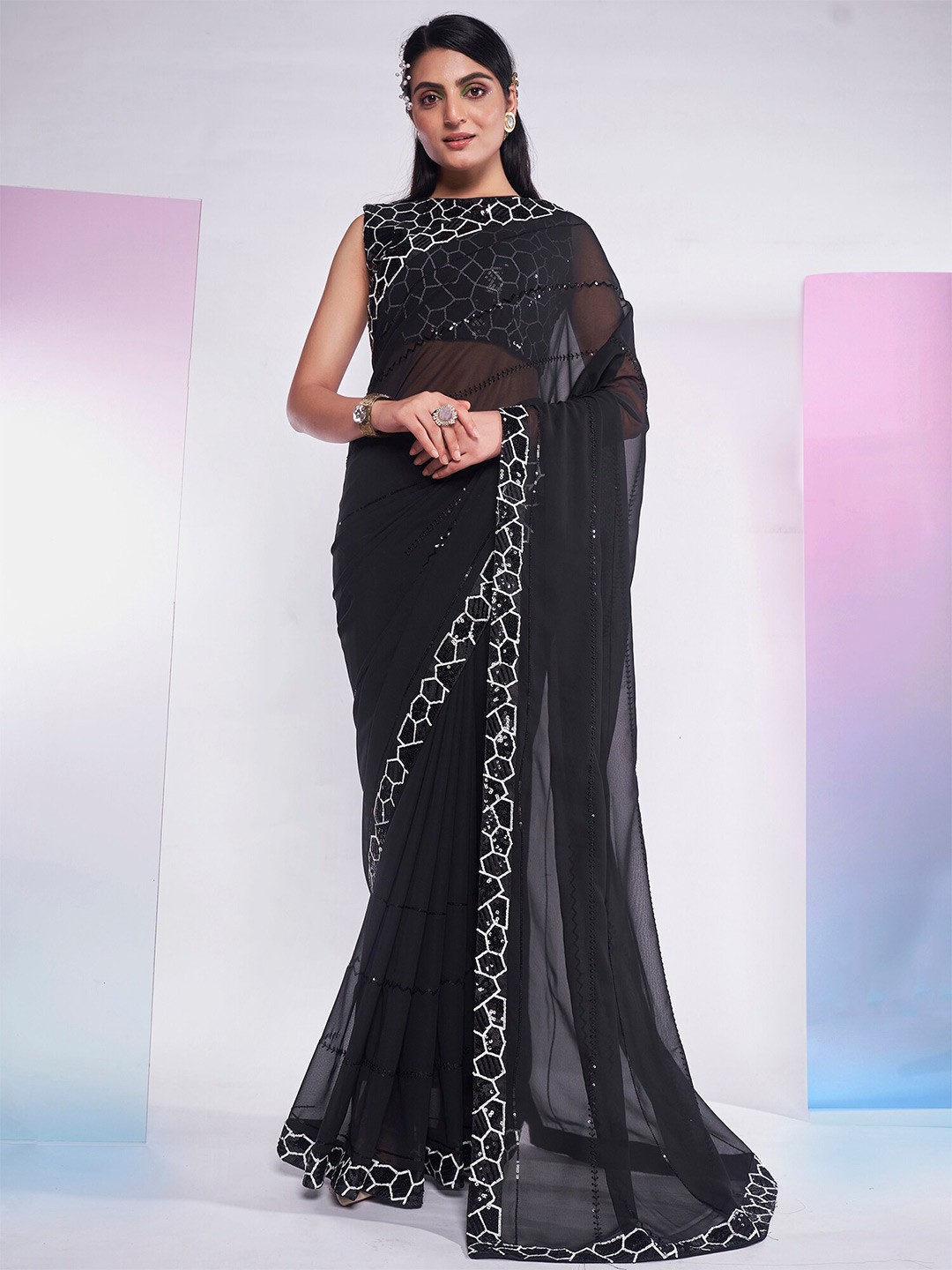 

Kalista Embellished Sequinned Pure Georgette Saree, Black