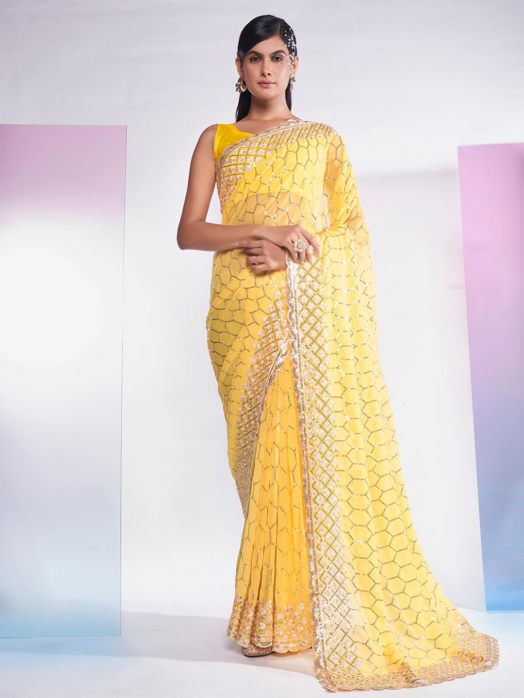 

Kalista Embellished Sequinned Pure Georgette Saree, Yellow
