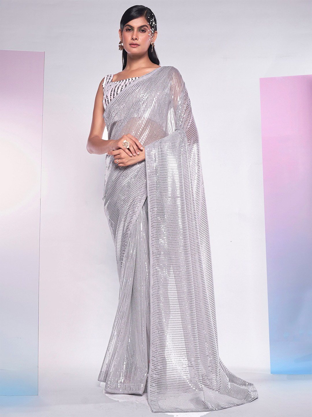 

Kalista Embellished Sequinned Pure Georgette Saree, Grey