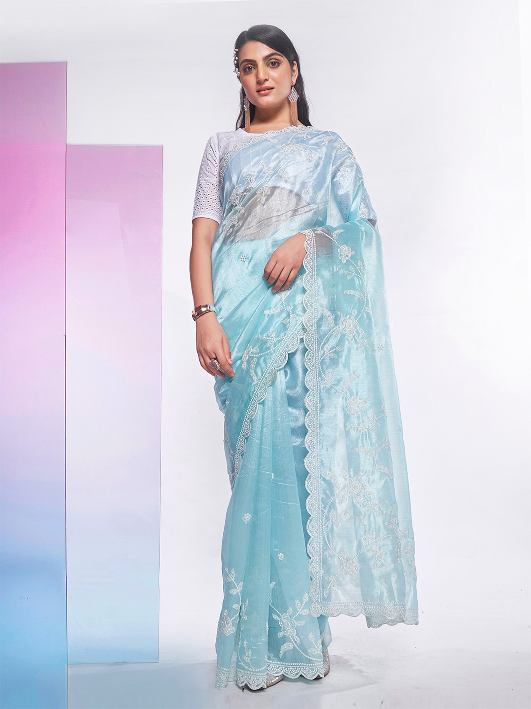 

Kalista Floral Embroidered Organza Saree, Blue
