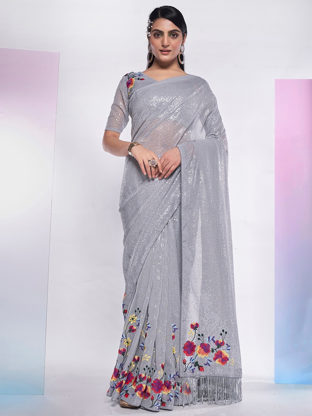 

Kalista Embellished Sequinned Pure Georgette Saree, Grey