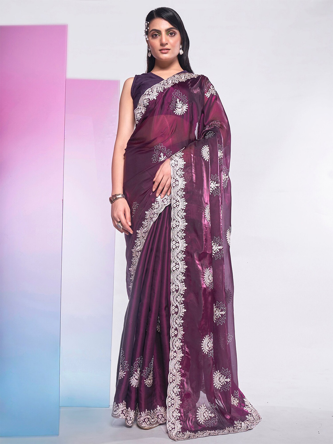 

Kalista Ethnic Motifs Embroidered Organza Saree, Purple