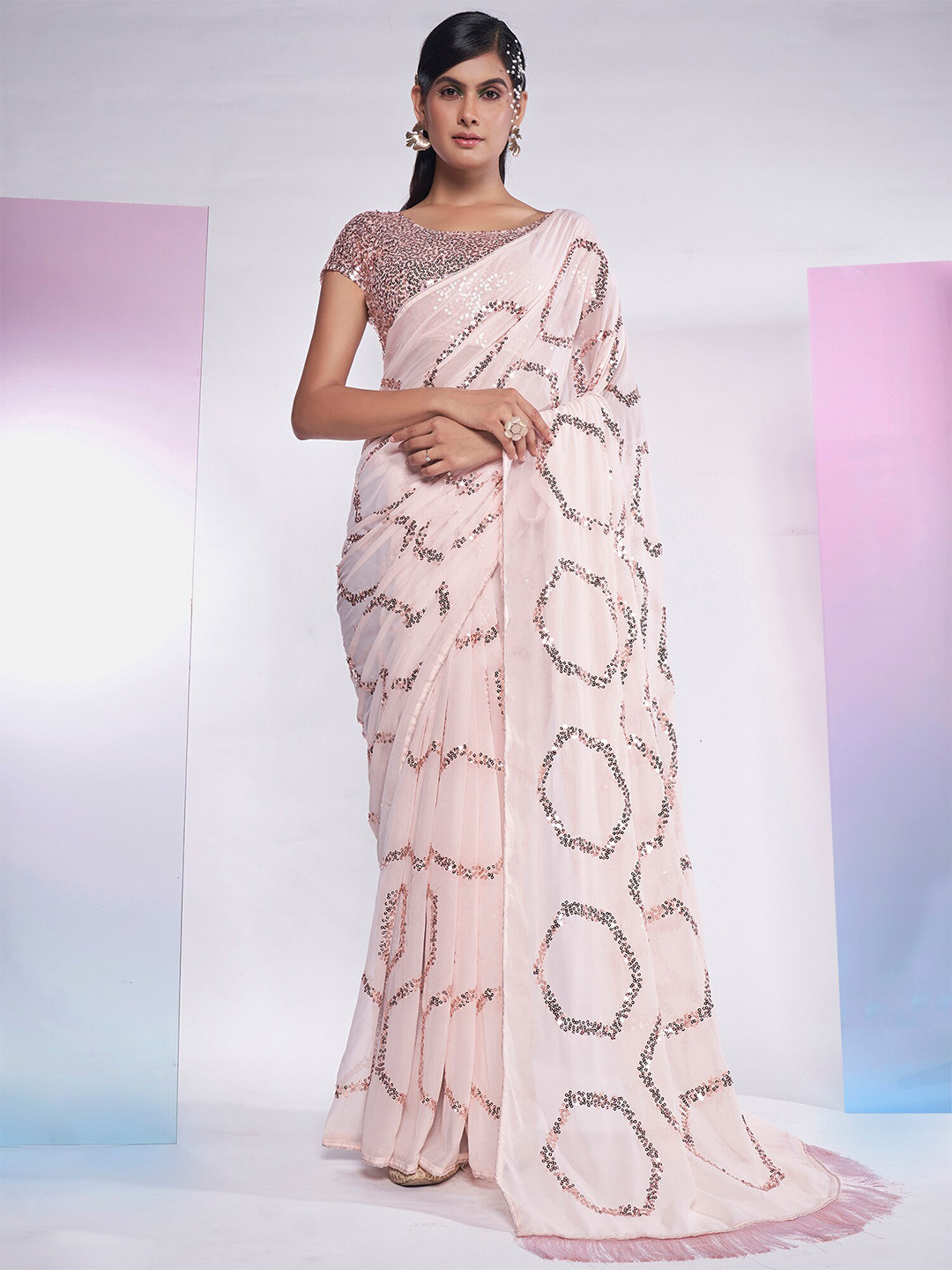 

Kalista Geometric Sequinned Pure Georgette Saree, Cream