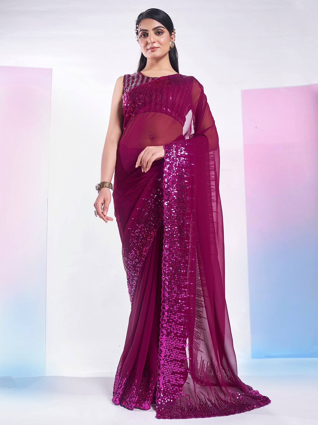 

Kalista Embellished Sequinned Pure Georgette Saree, Purple