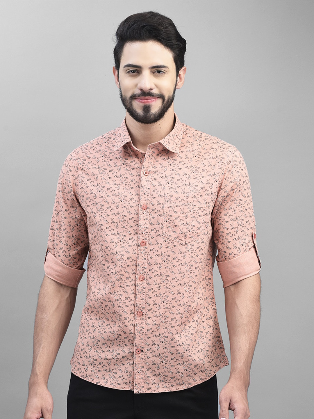 

Canary London Smart Slim Fit Floral Printed Linen Casual Shirt, Peach