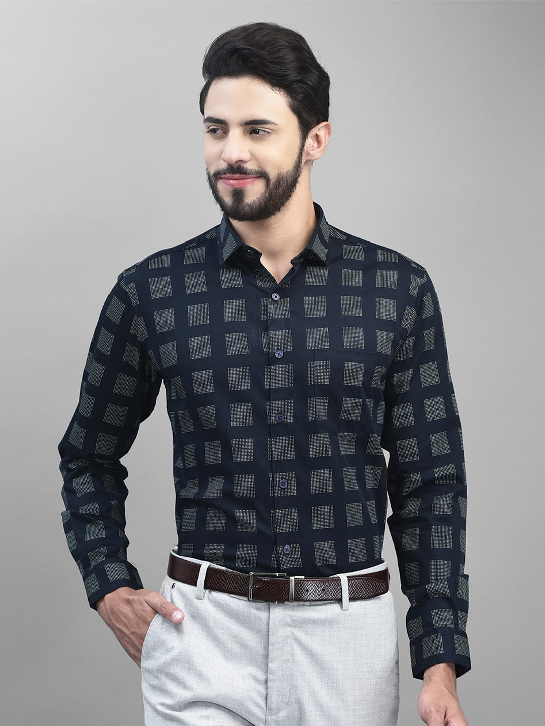 

Canary London Smart Slim Fit Geometric Printed Satin Formal Shirt, Navy blue