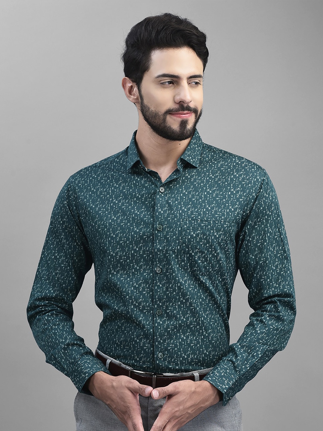 Canary London Smart Floral Printed Satin Formal Shirt, Green