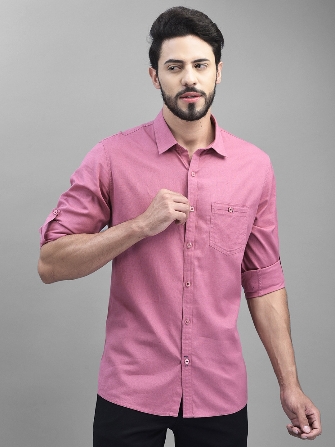 

Canary London Green Smart Slim Fit Cotton Linen Casual Shirt, Pink