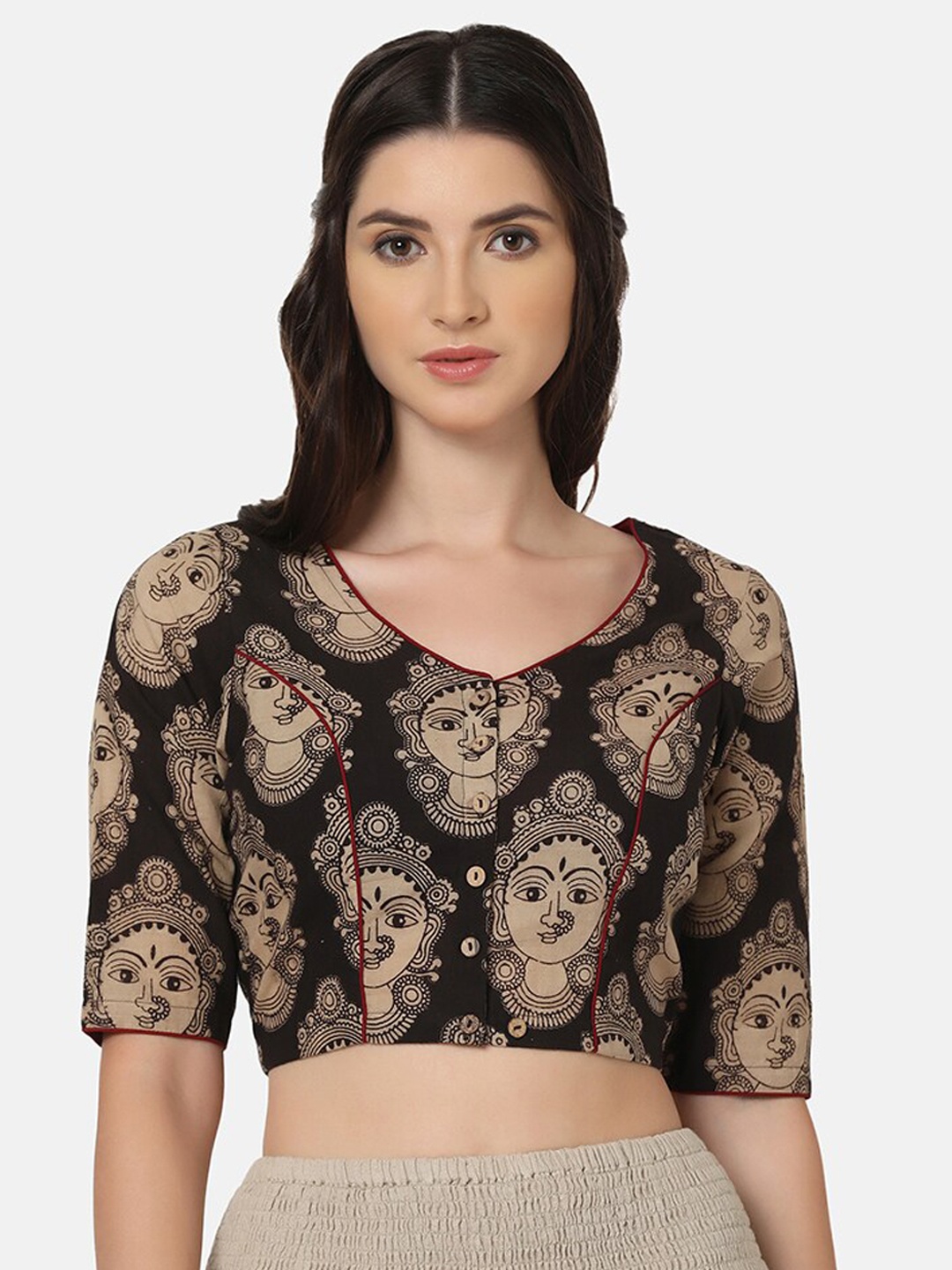 

THE WEAVE TRAVELLER Kalamkari Printed Non-Padded Cotton Saree Blouse Without Lining, Black