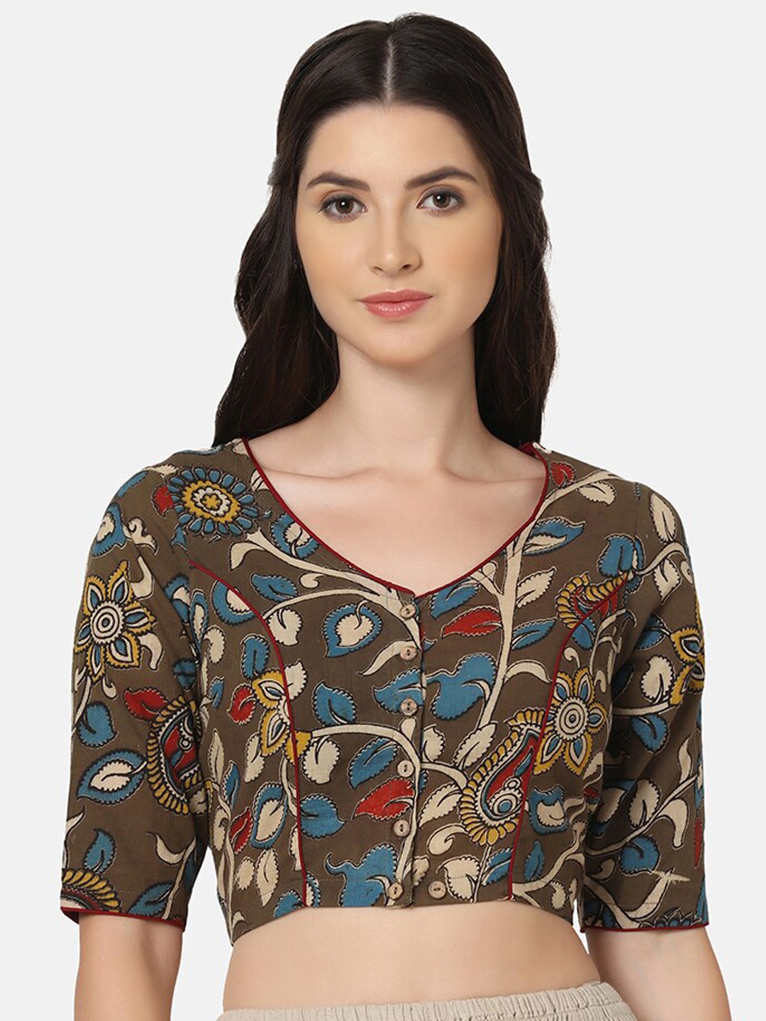 

THE WEAVE TRAVELLER Kalamkari Printed Cotton Non Paded Without Lining Blouse, Olive