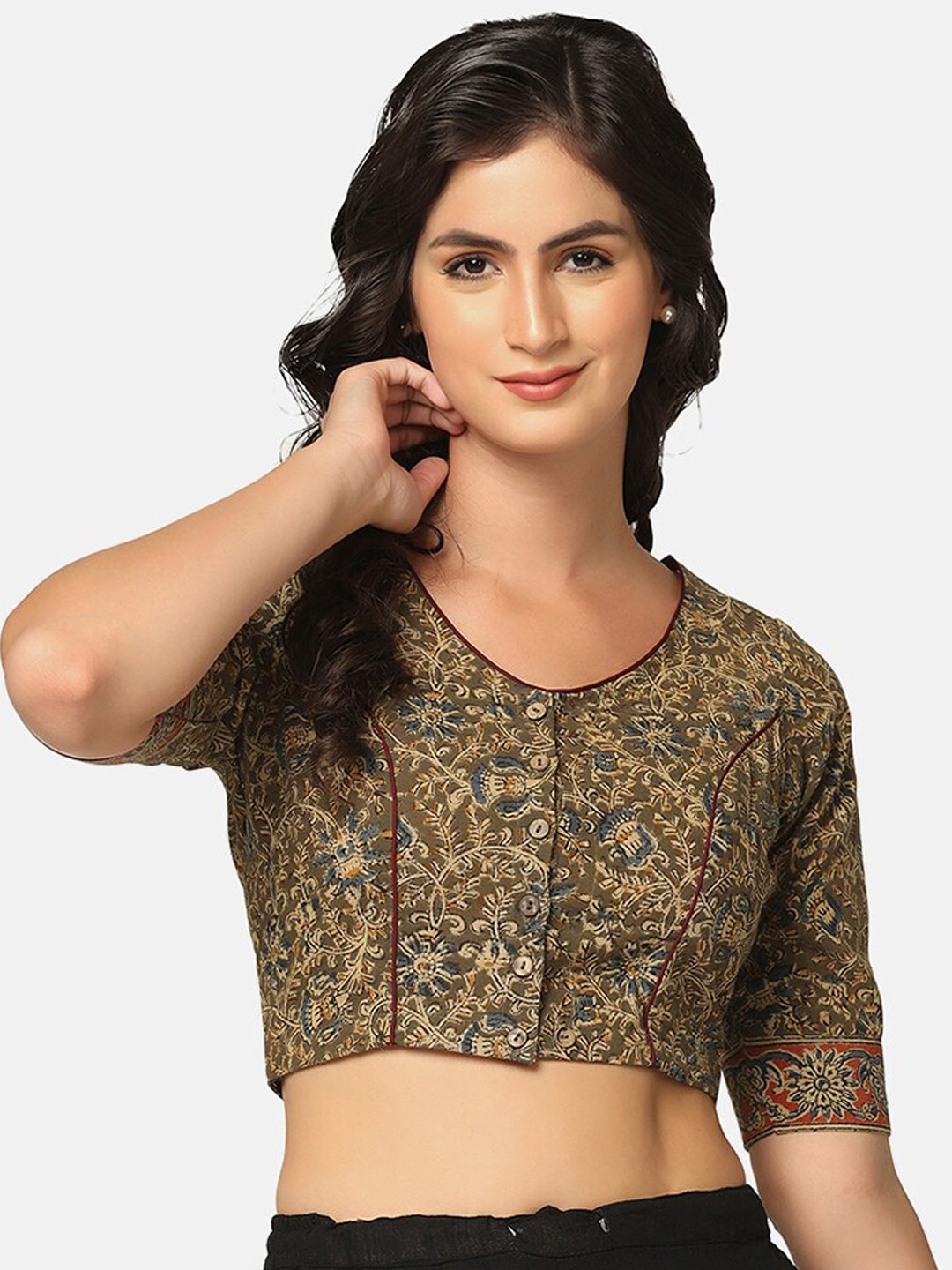 

THE WEAVE TRAVELLER Hand Block Printed Non-Padded Cotton Kalamkari Blouse, Green