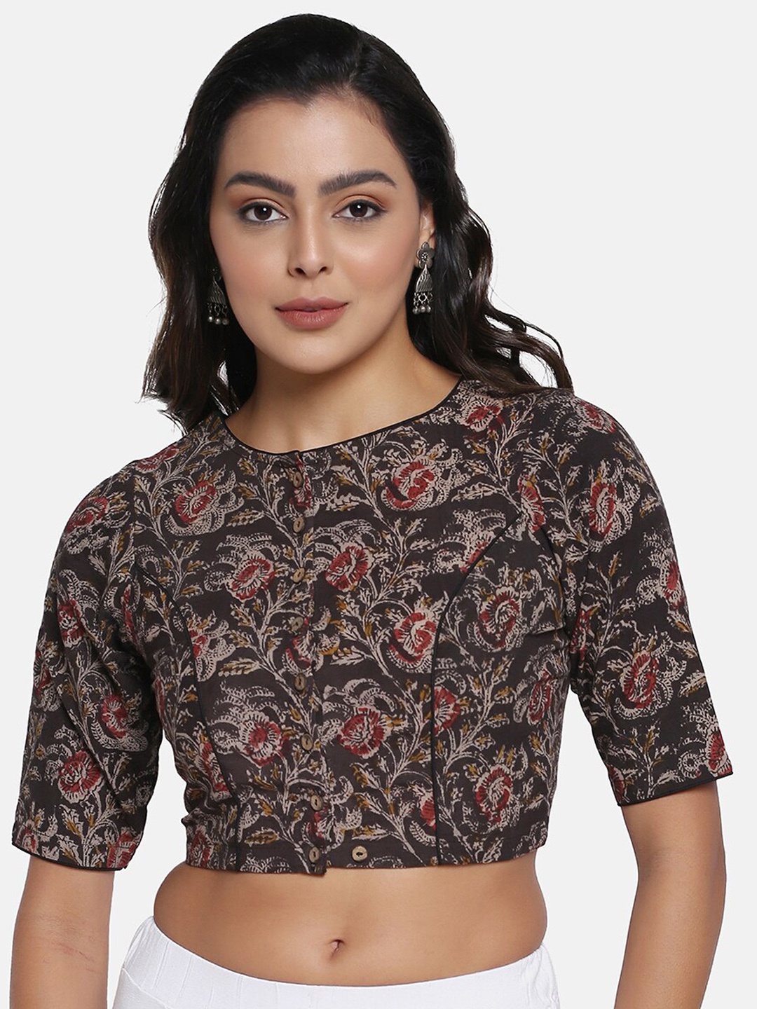 

THE WEAVE TRAVELLER Hand Block Printed Non Paded Cotton Kalamkari Blouse, Grey
