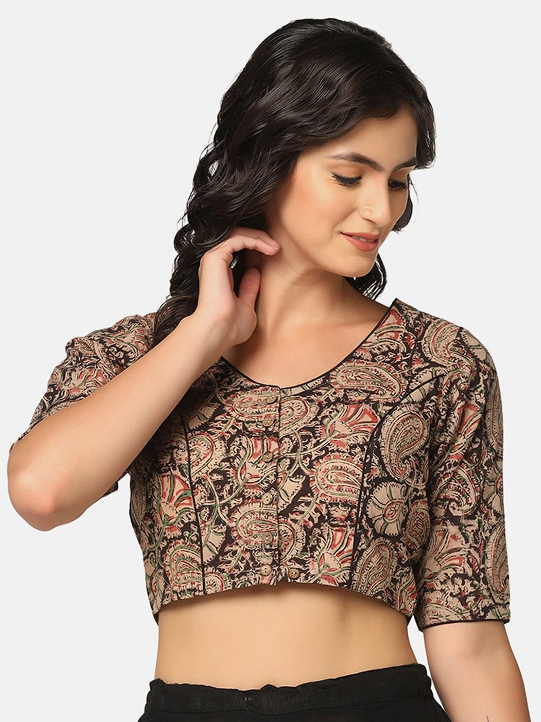 

THE WEAVE TRAVELLER Kalamkari Printed Cotton Non Padded Saree Blouse, Black