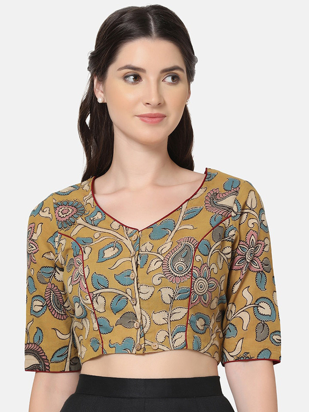 

THE WEAVE TRAVELLER Kalamkari Printed Cotton Saree Blouse, Mustard