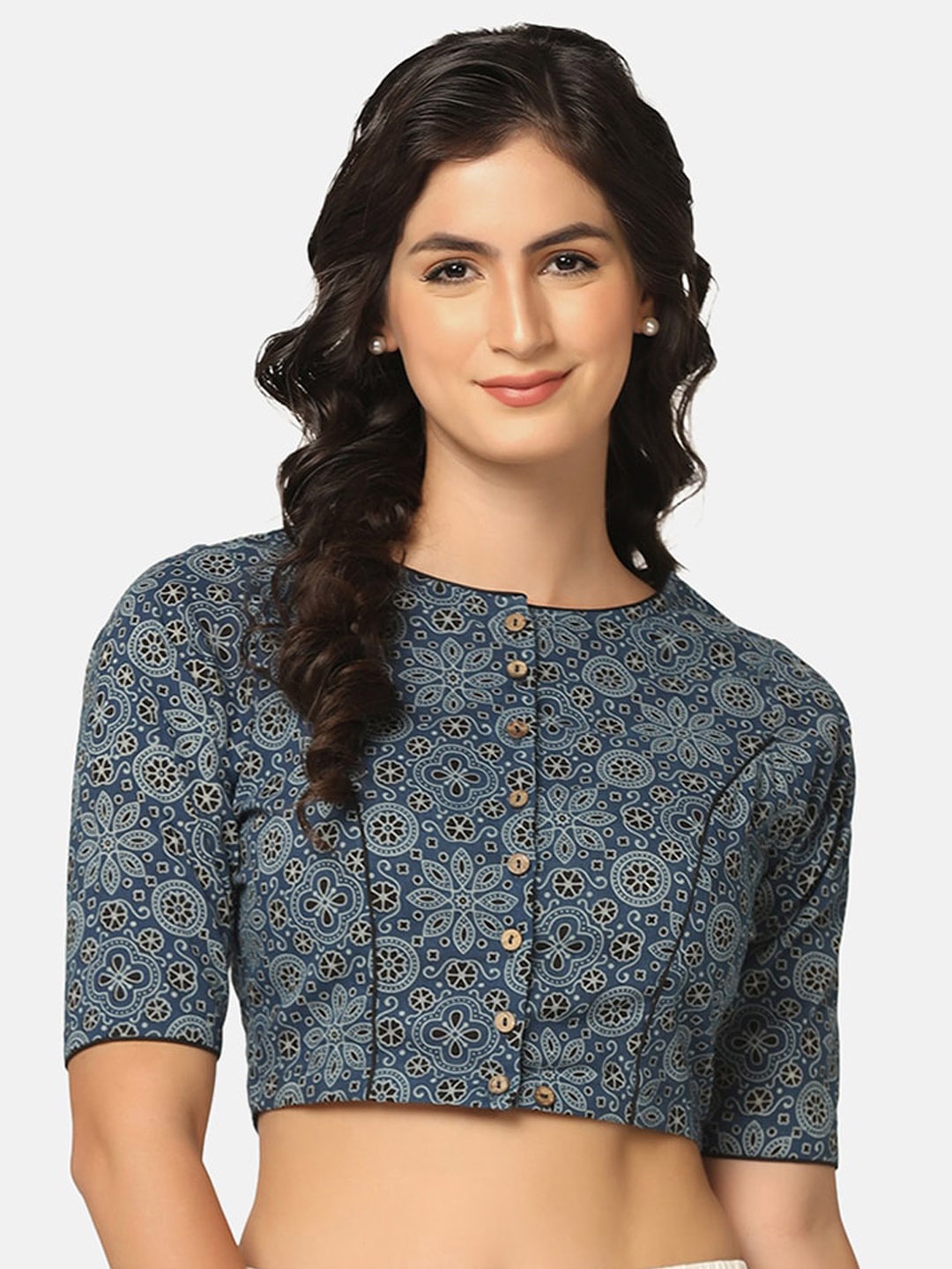 

THE WEAVE TRAVELLER Hand Block Printed Cotton Saree Blouse, Blue