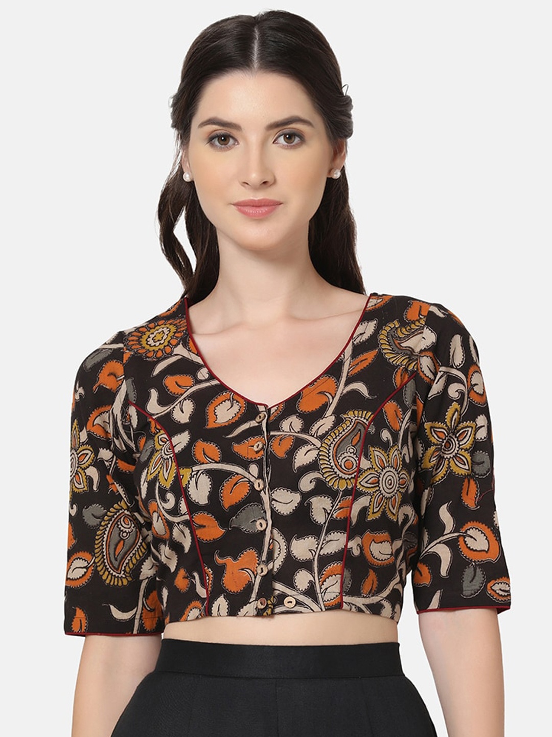 

THE WEAVE TRAVELLER Kalamkari Printed Cotton Blouse, Black
