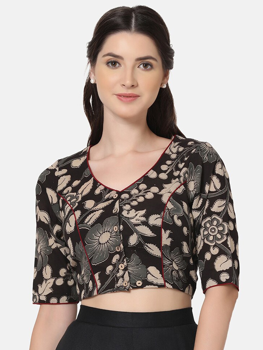 

THE WEAVE TRAVELLER Kalamkari Printed Non Padded Cotton Saree Blouse, Black