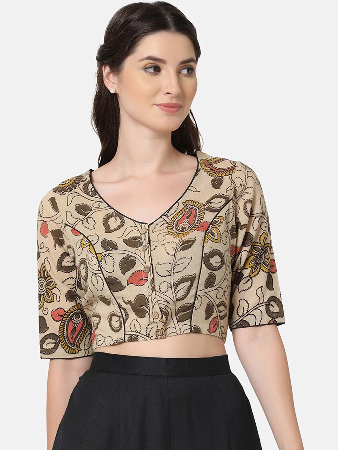 

THE WEAVE TRAVELLER Floral Printed Cotton Saree Blouse, Beige