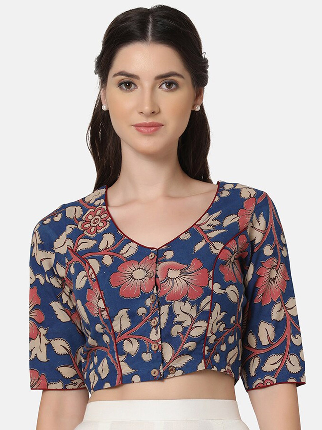 

THE WEAVE TRAVELLER Kalamkari Printed Cotton Non Padded Saree Blouse, Navy blue