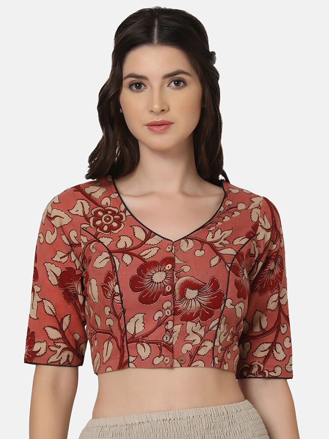 

THE WEAVE TRAVELLER Kalamkari Printed Non Paded Without Lining Cotton Blouse, Peach