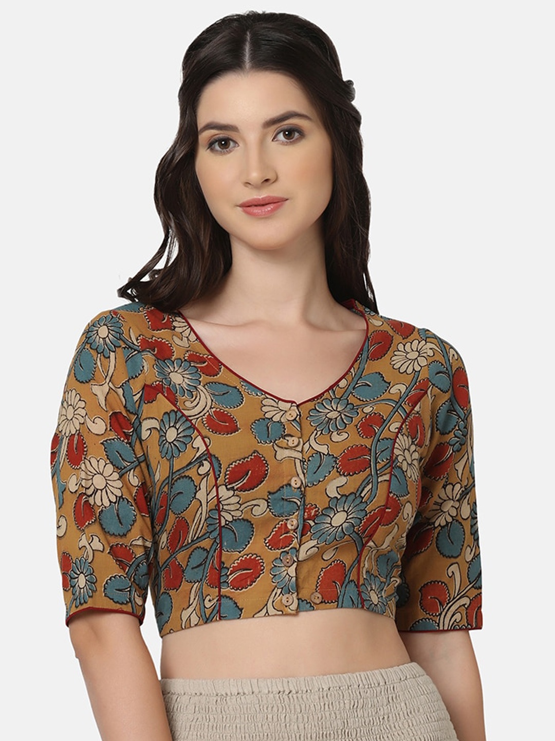 

THE WEAVE TRAVELLER Kalamkari Printed Cotton Non Padded Without Lining Blouse, Brown