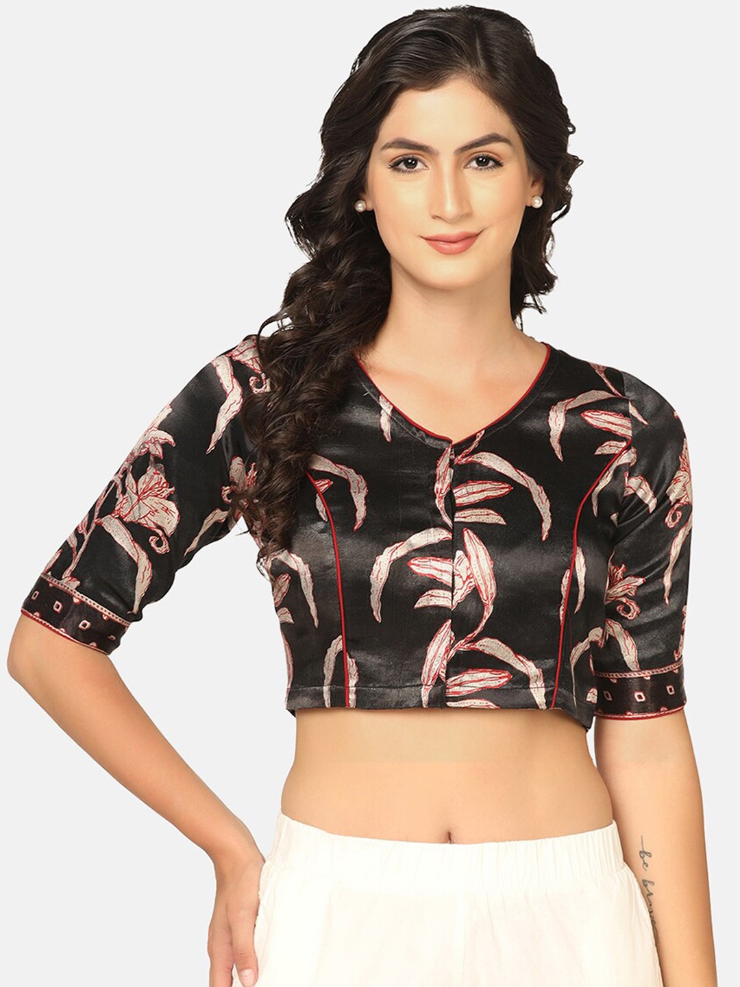 

THE WEAVE TRAVELLER Women Printed Mashru Saree Blouse, Black