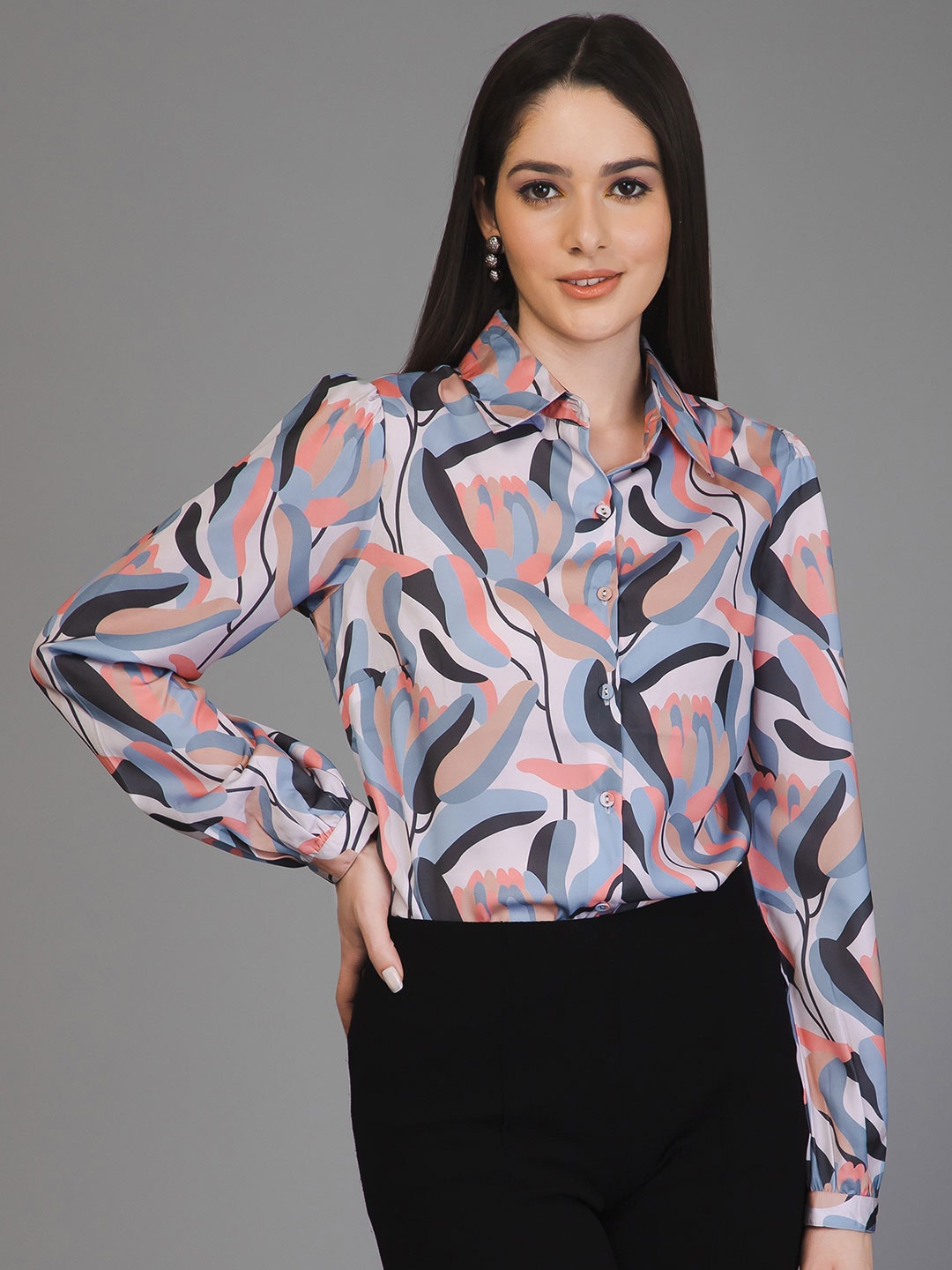 

PURYS Smart Fit Abstract Printed Satin Casual Shirt, Blue