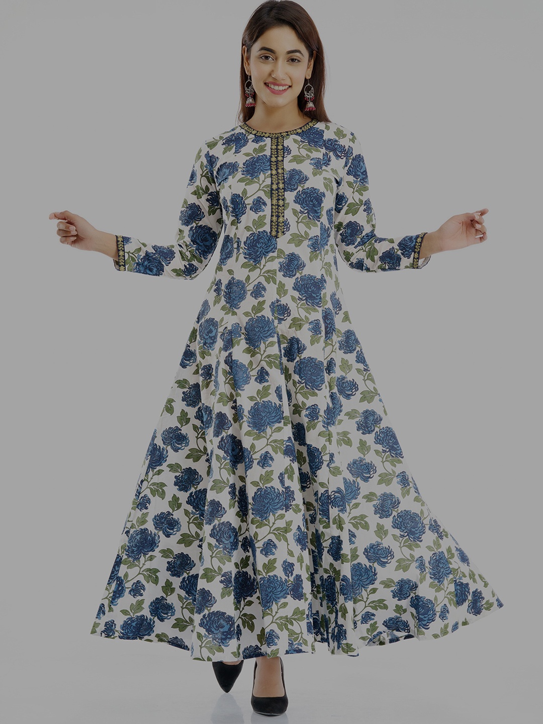 

PARCHHAI Floral Printed Pure Cotton Anarkali Kurta, Blue