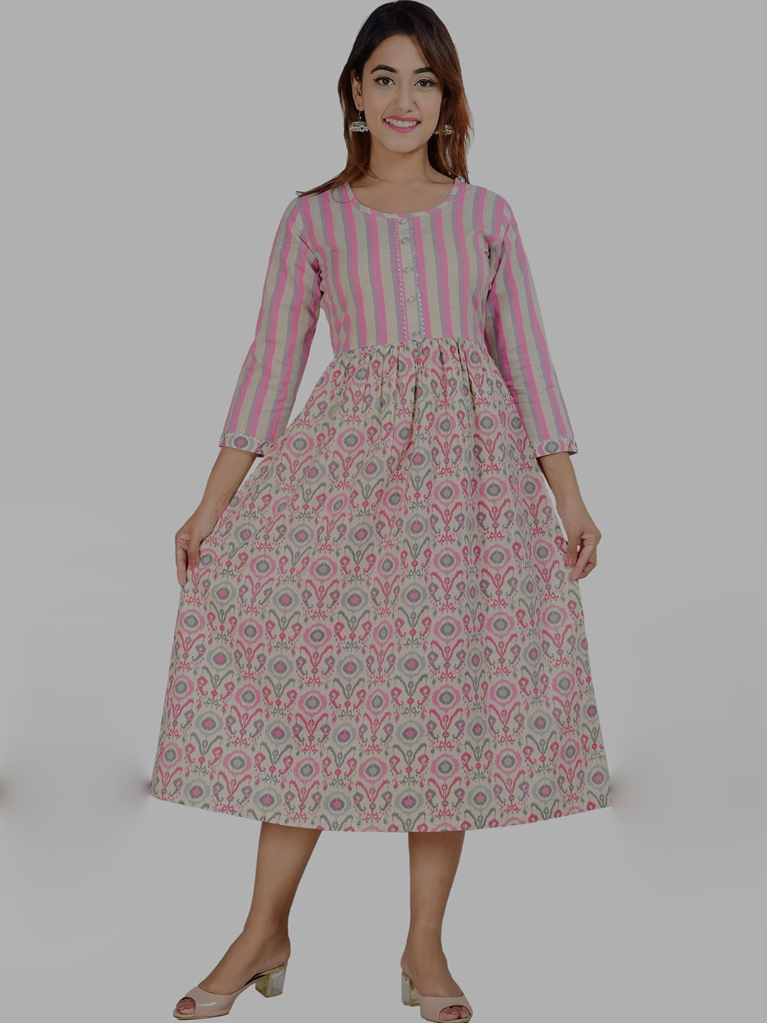 

PARCHHAI Ethnic Motifs Printed Midi Pure Cotton Fit & Flare Dress, Pink