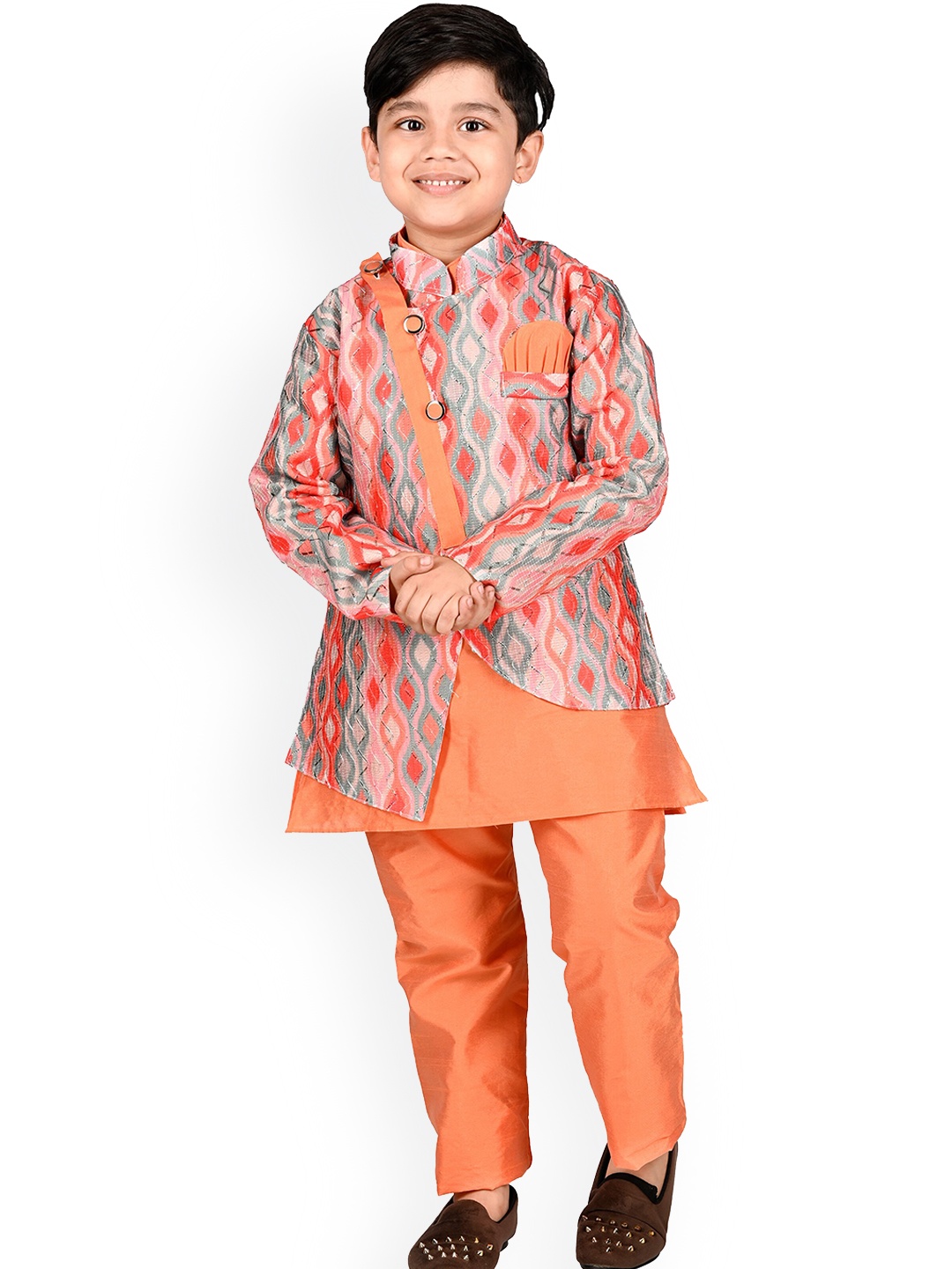 

BAESD Boys Kurta With Pyjamas And Printed Waistcoat, Orange