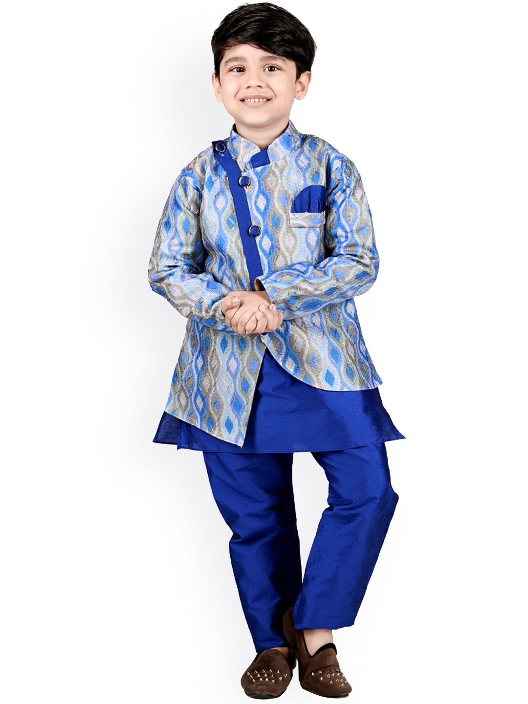 

BAESD Boys Blue Kurta With Pyjamas And Printed Waistcoat