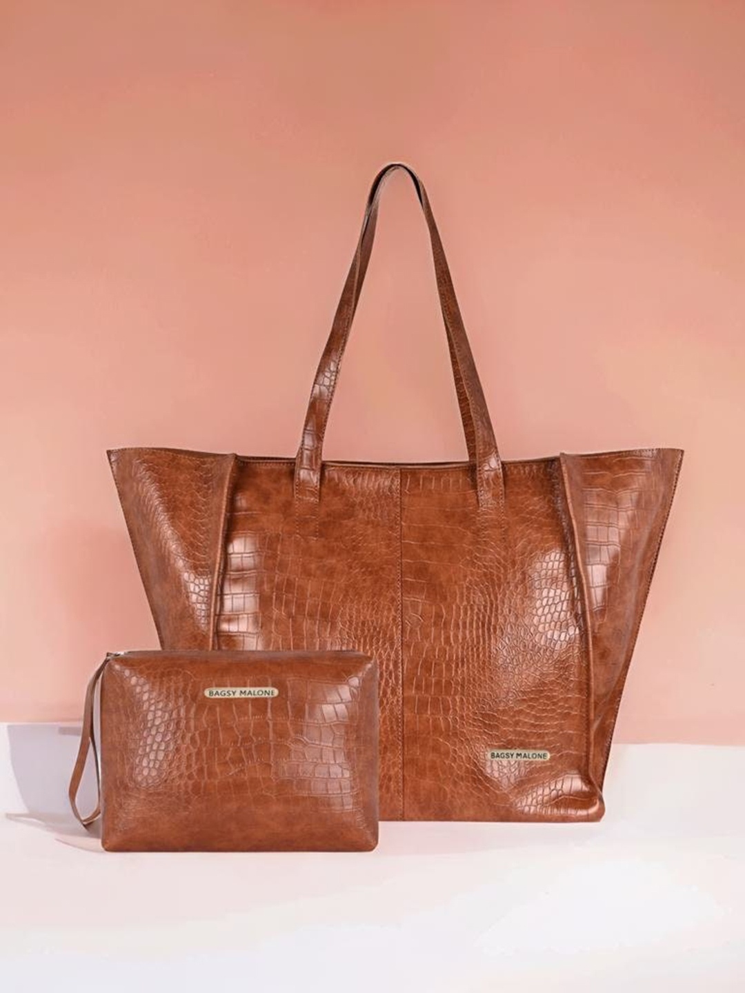Bagsy Malone Pack of 2 Textured Structured Tote Bag, Brown