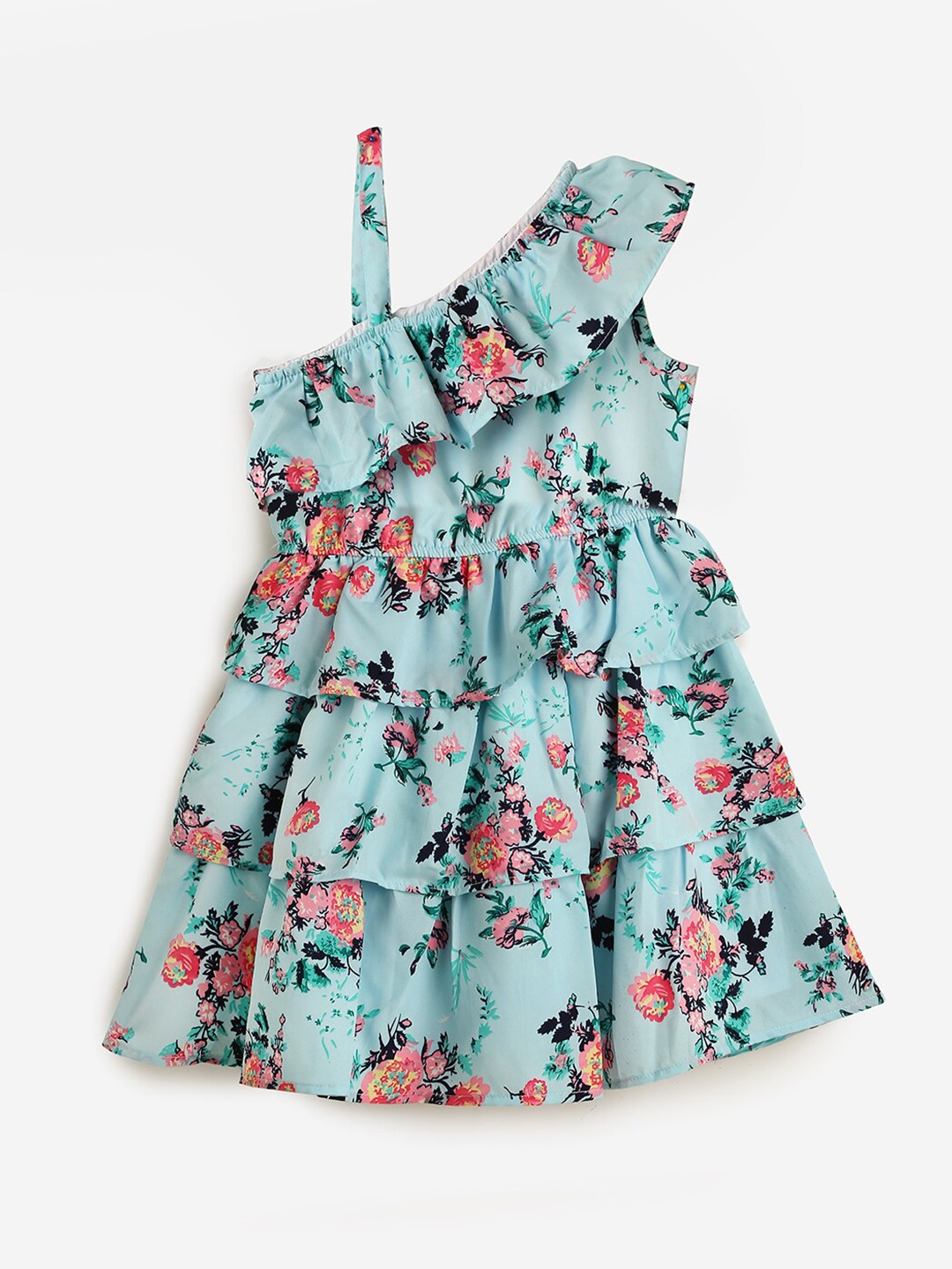 

YK Girls Floral Printed One Shoulder Ruffled Fit & Flare Dress, Blue