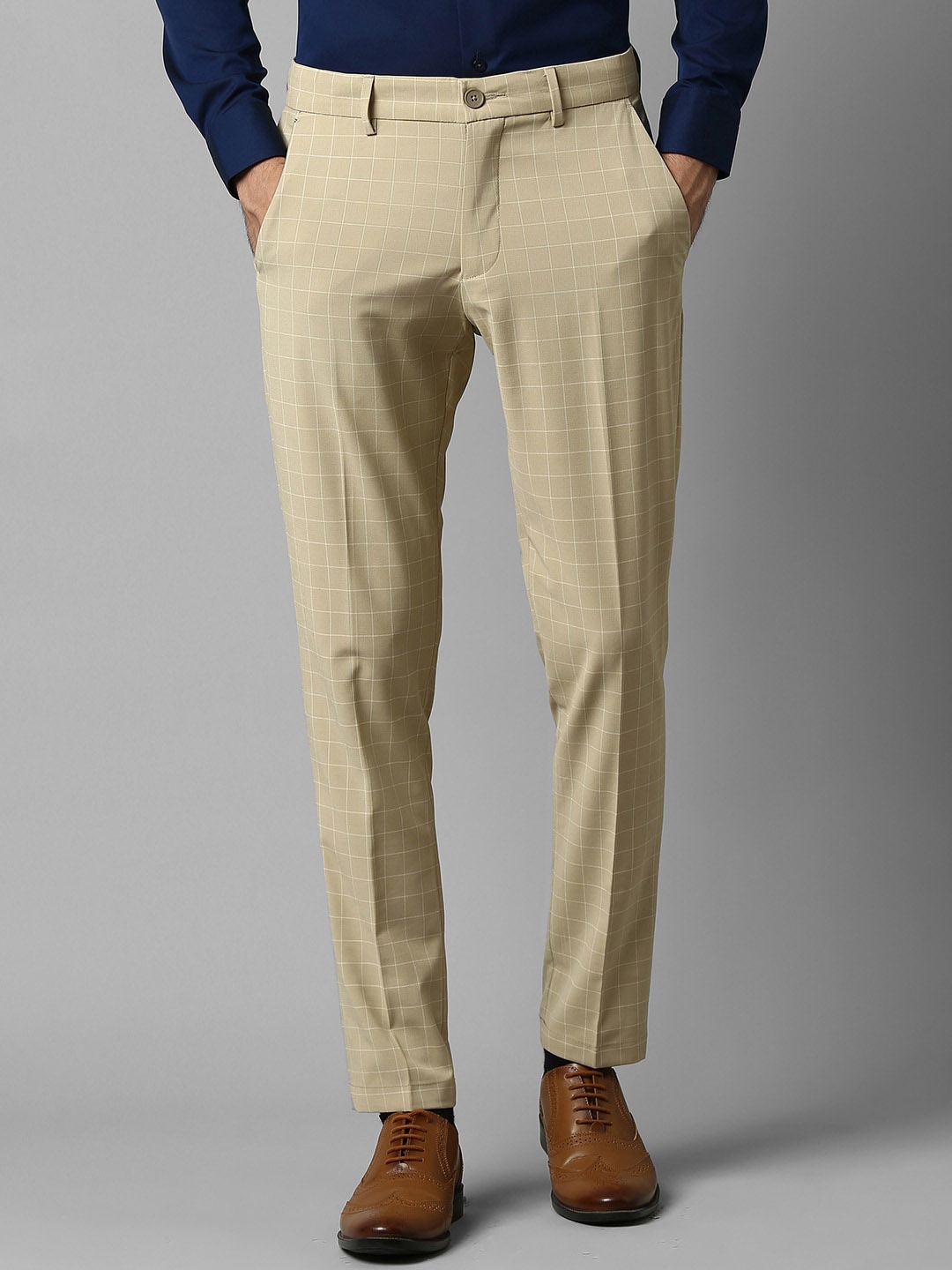 

Louis Philippe Sport Men Checked Mid Rise Cotton Formal Trousers, Khaki