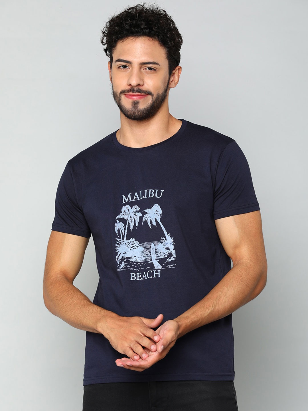 

Mast & Harbour Navy Blue Graphic Printed Pure Cotton T-shirt