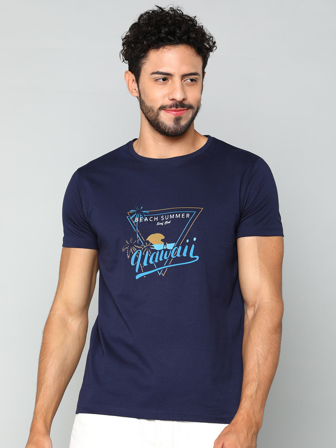 

Mast & Harbour Navy Blue Typography Printed Pure Cotton T-shirt