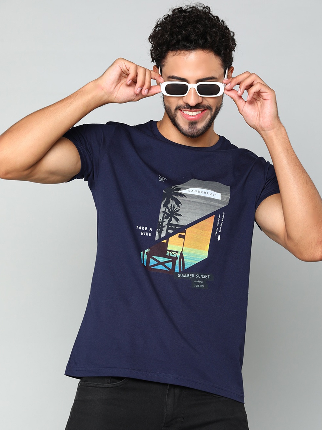 

Mast & Harbour Navy Blue Graphic Printed Pure Cotton T-shirt