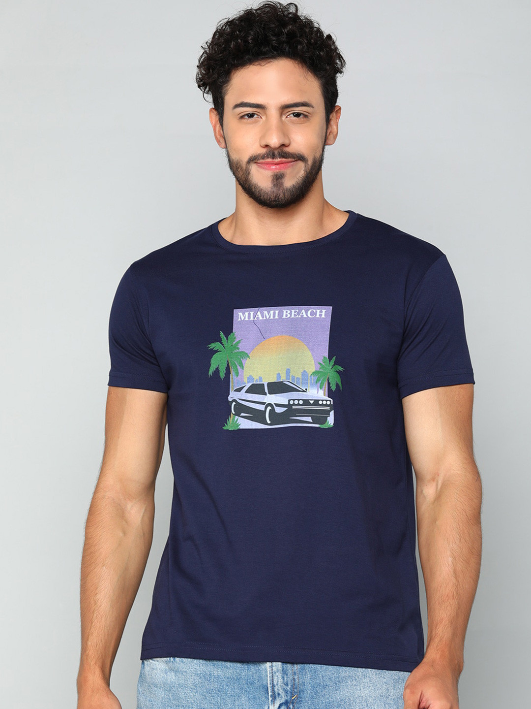 

Mast & Harbour Navy Blue Graphic Printed Pure Cotton T-shirt