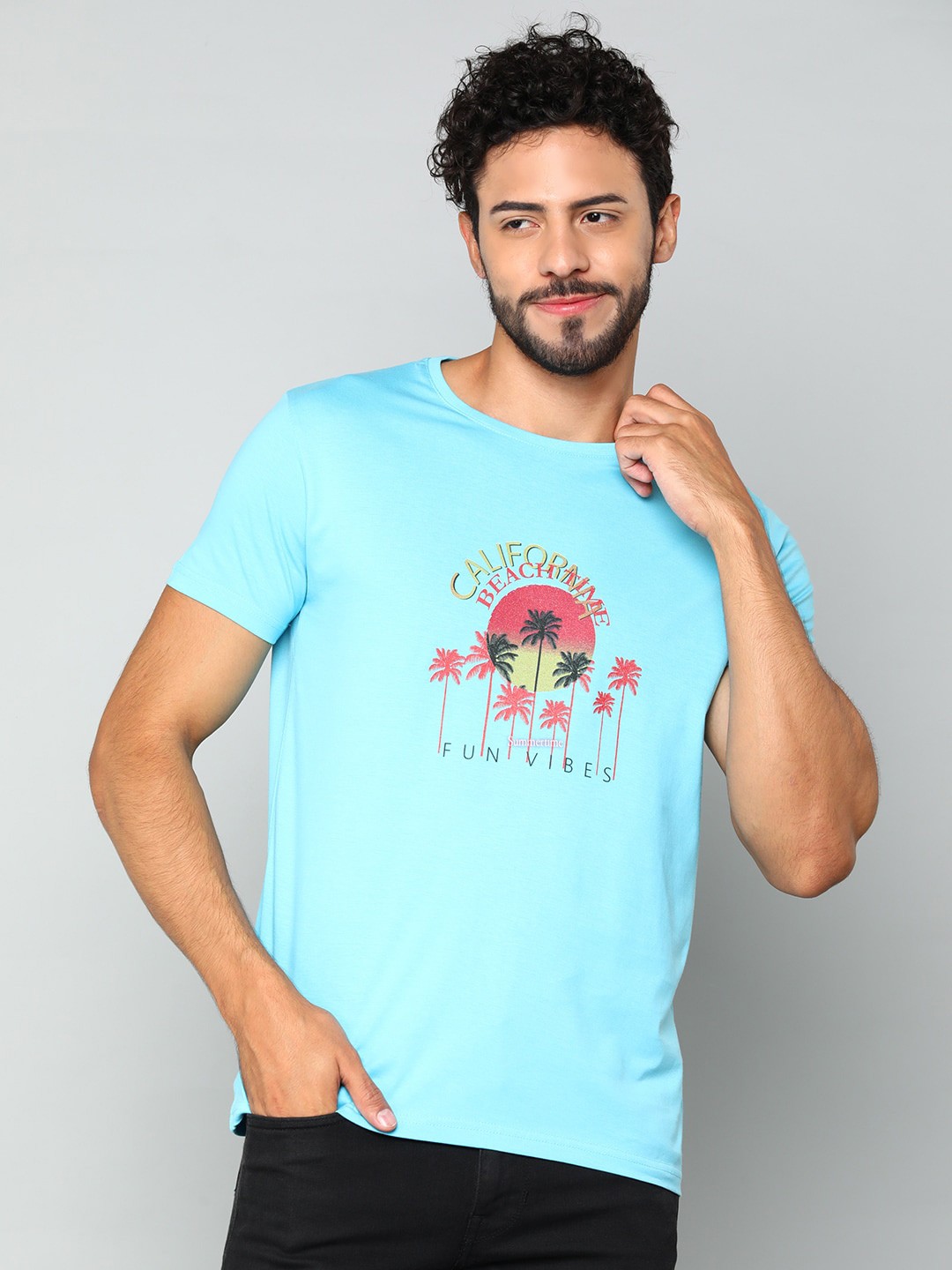 

Mast & Harbour Blue Graphic Printed Pure Cotton T-shirt