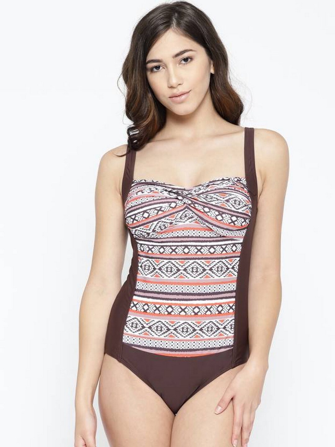 

VOXATI Shoulder Straps Geometric Printed Swim Bodysuit, Brown