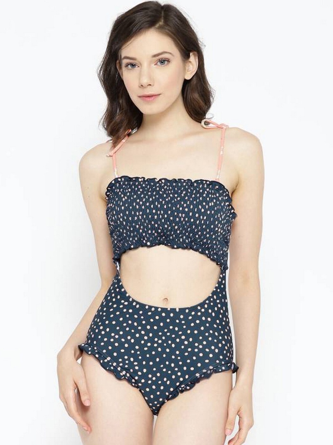 

VOXATI Polka Dot Printed Smocked Swim Bikini, Navy blue