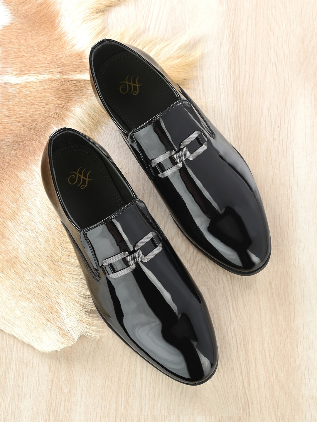 

House of Pataudi Men Buckled Formal Slip on Shoes, Black