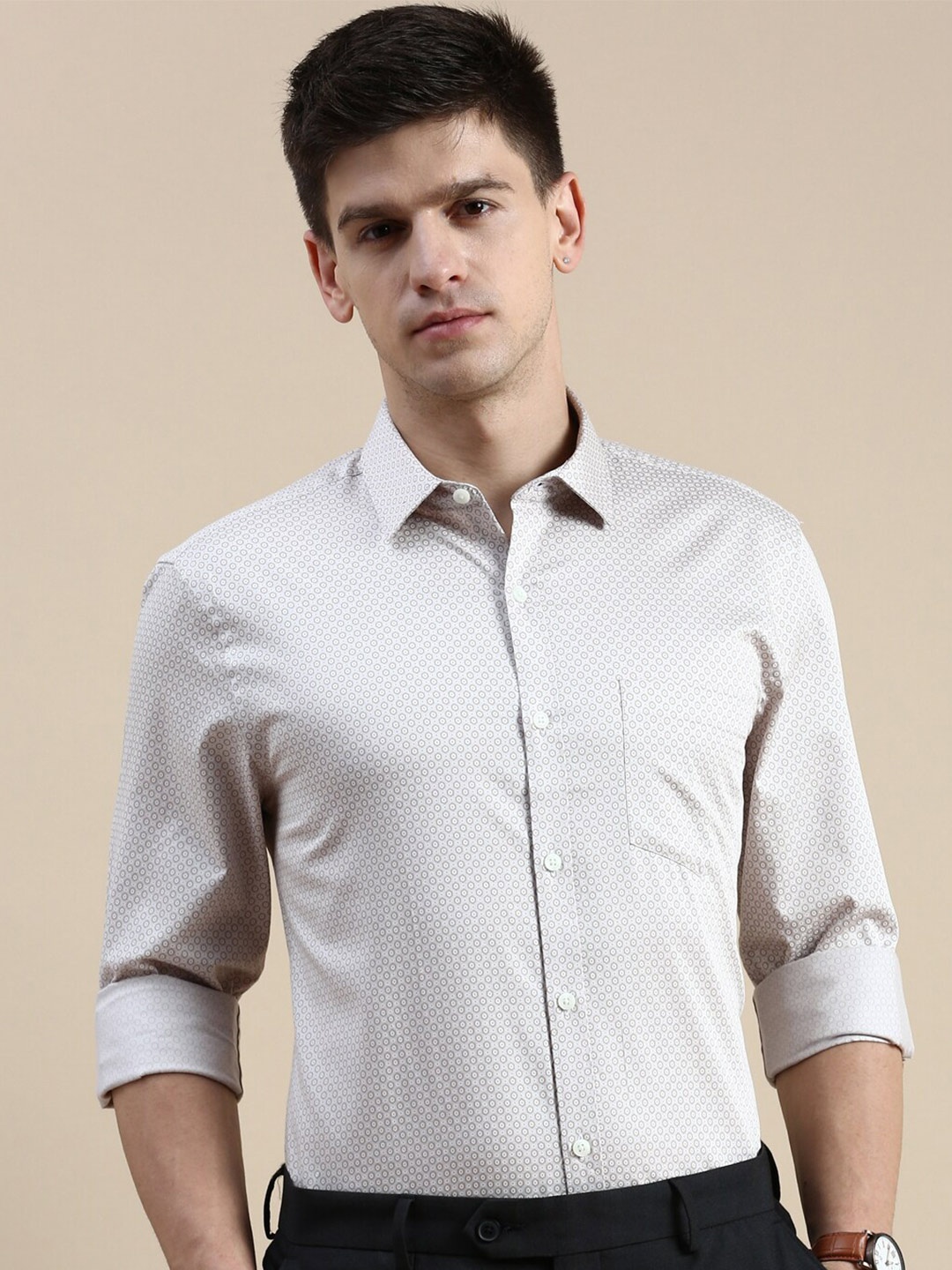 INVICTUS Comfort Slim Fit Micro Ditsy Printed Cotton Formal Shirt, Cream