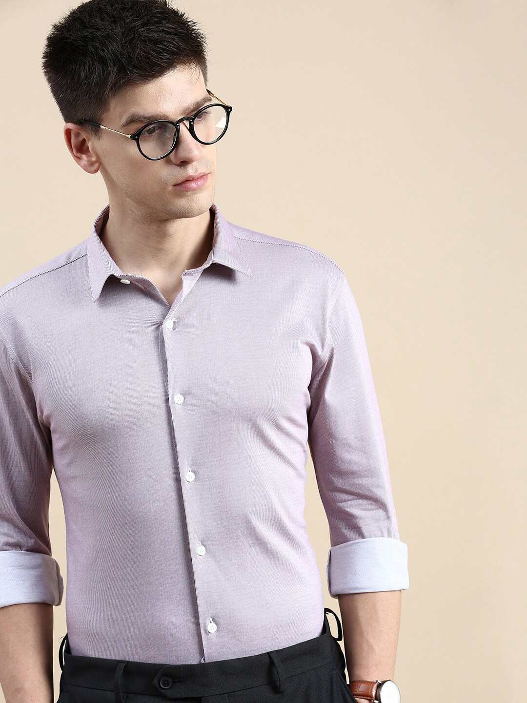 

INVICTUS Textured Self Design Comfort Slim Fit Knit Formal Cotton Shirt, Mauve